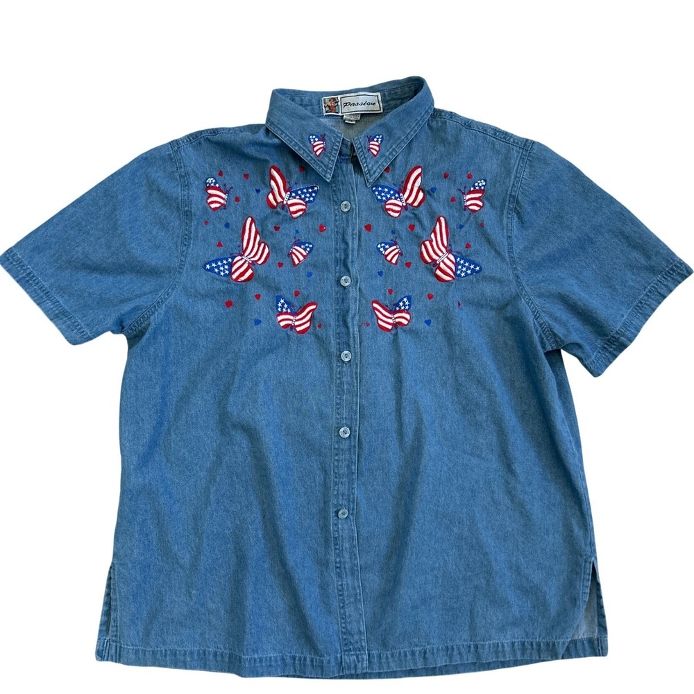 Passion Vintage‎ Embroidered Denim Button Up Shirt Women Lrg Butterfly Patriotic